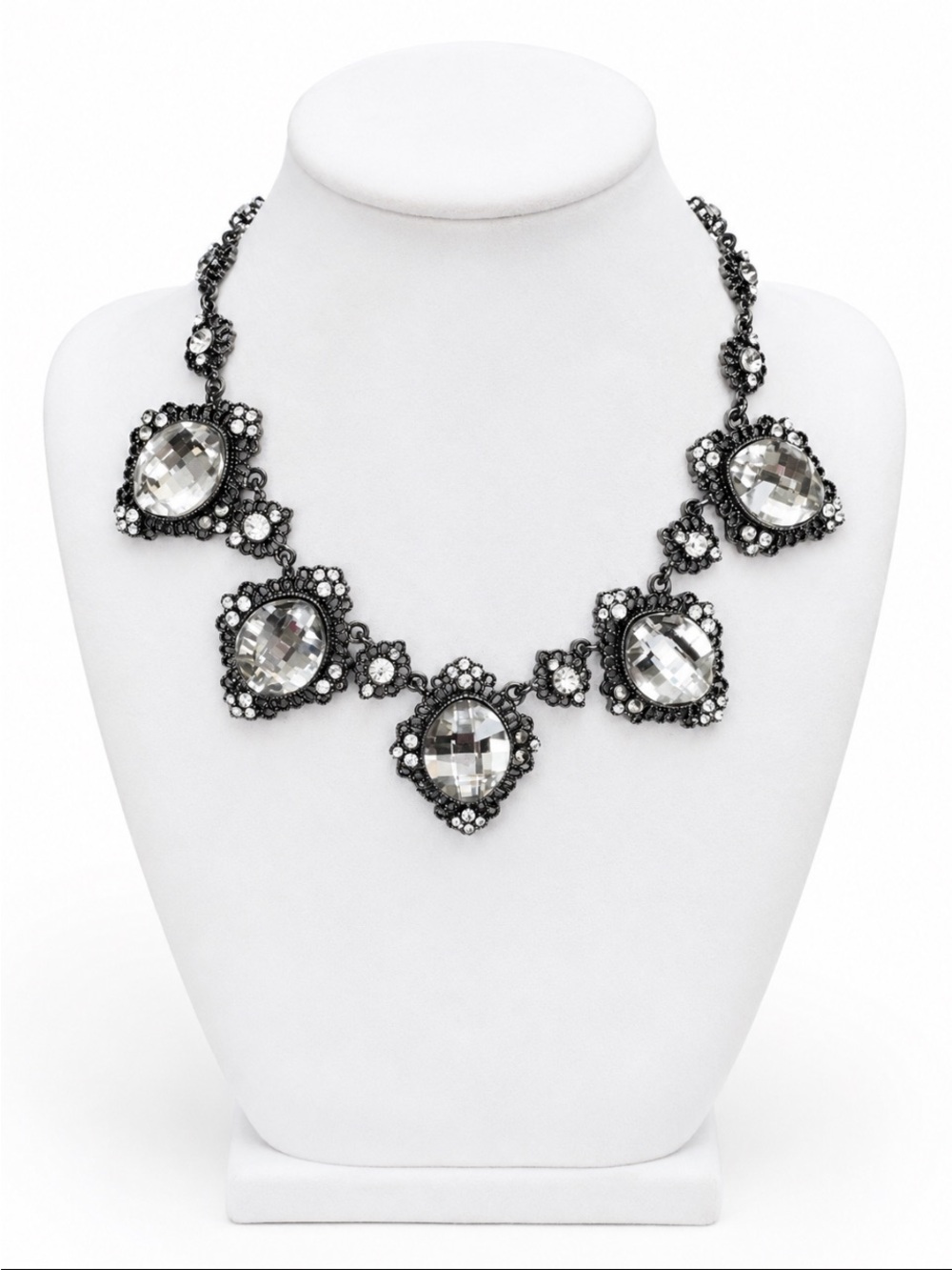 NATASHA Crystal Statement Necklace Black Gunmetal Rhinestone Bib